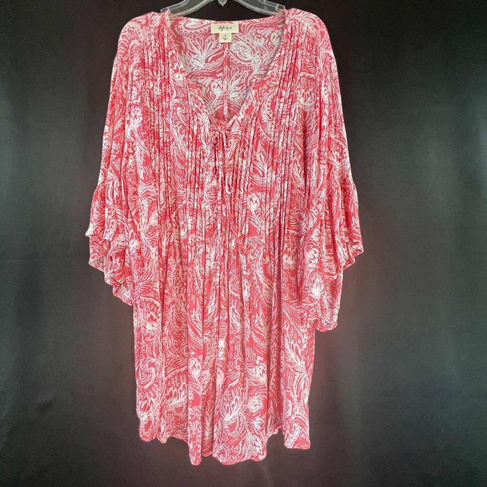Style & Co Womens Small Coral Pink Paisley Pintuck V-Neck Bell Sleeve Blouse Top